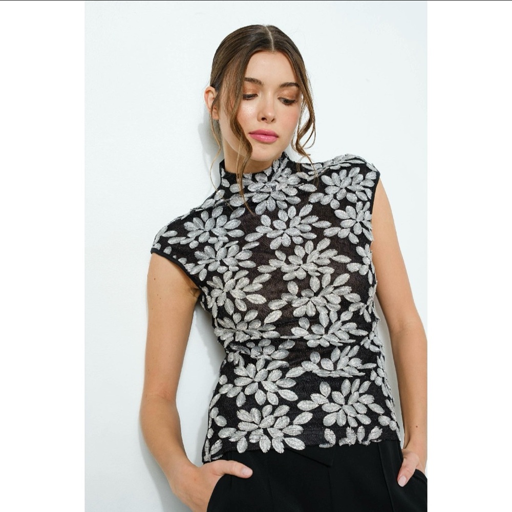 NWT Boutique Amaya High Neck Sheer Mesh Embroidered Top – Black/Silver
